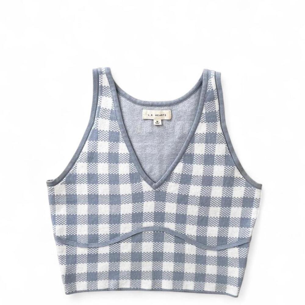 Blue White Gingham Knit Crop Tank V Neck Fitted Summer Vacation Women’s Medium